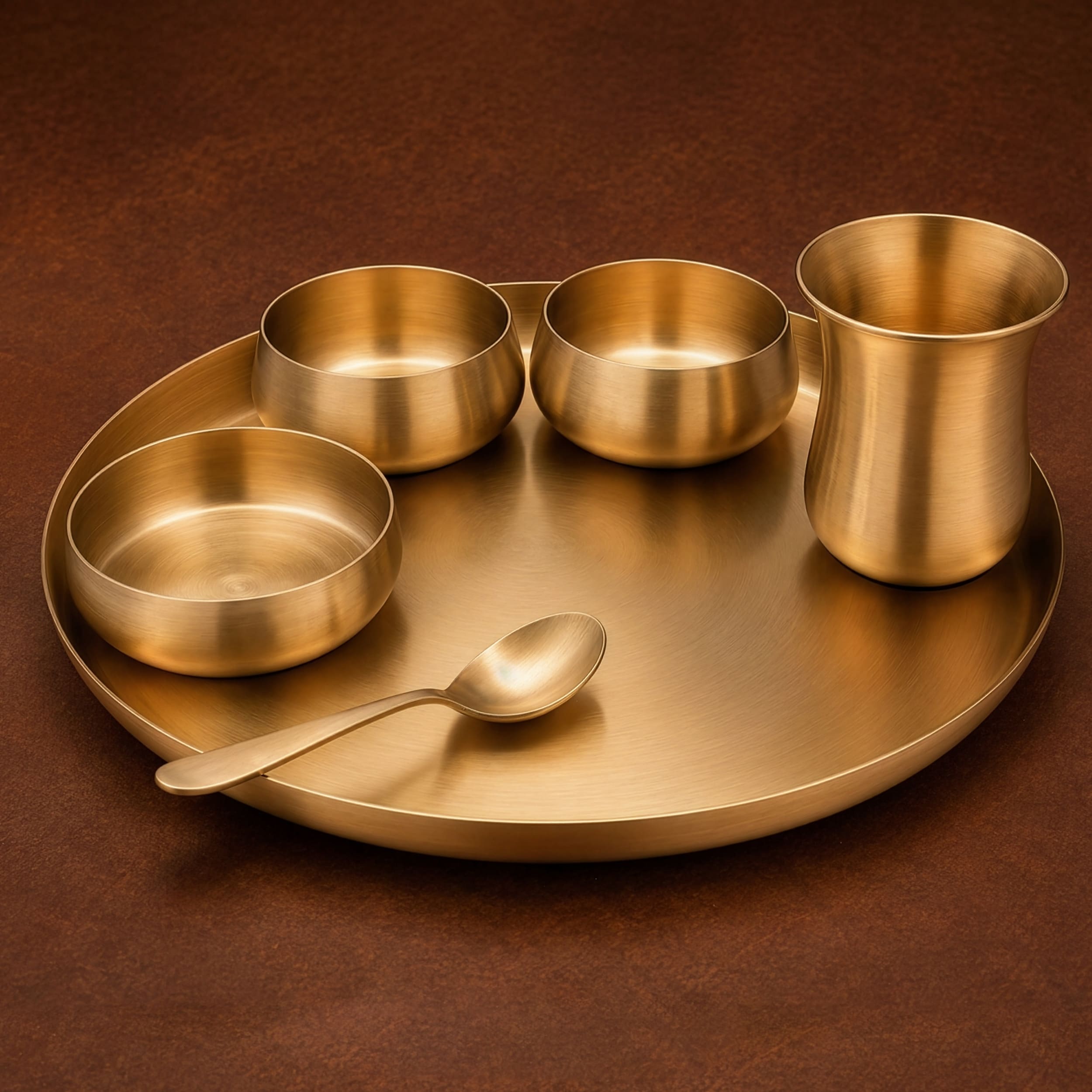Pure Kansa (Bronze) AMRITAM Dinner Set - Matte Finish - 1 pc Thaali, 2 pc Bowl (Katori), 1 pc Sweet Dish Bowl (katori), 1 pc Glass, 1 pc Spoon