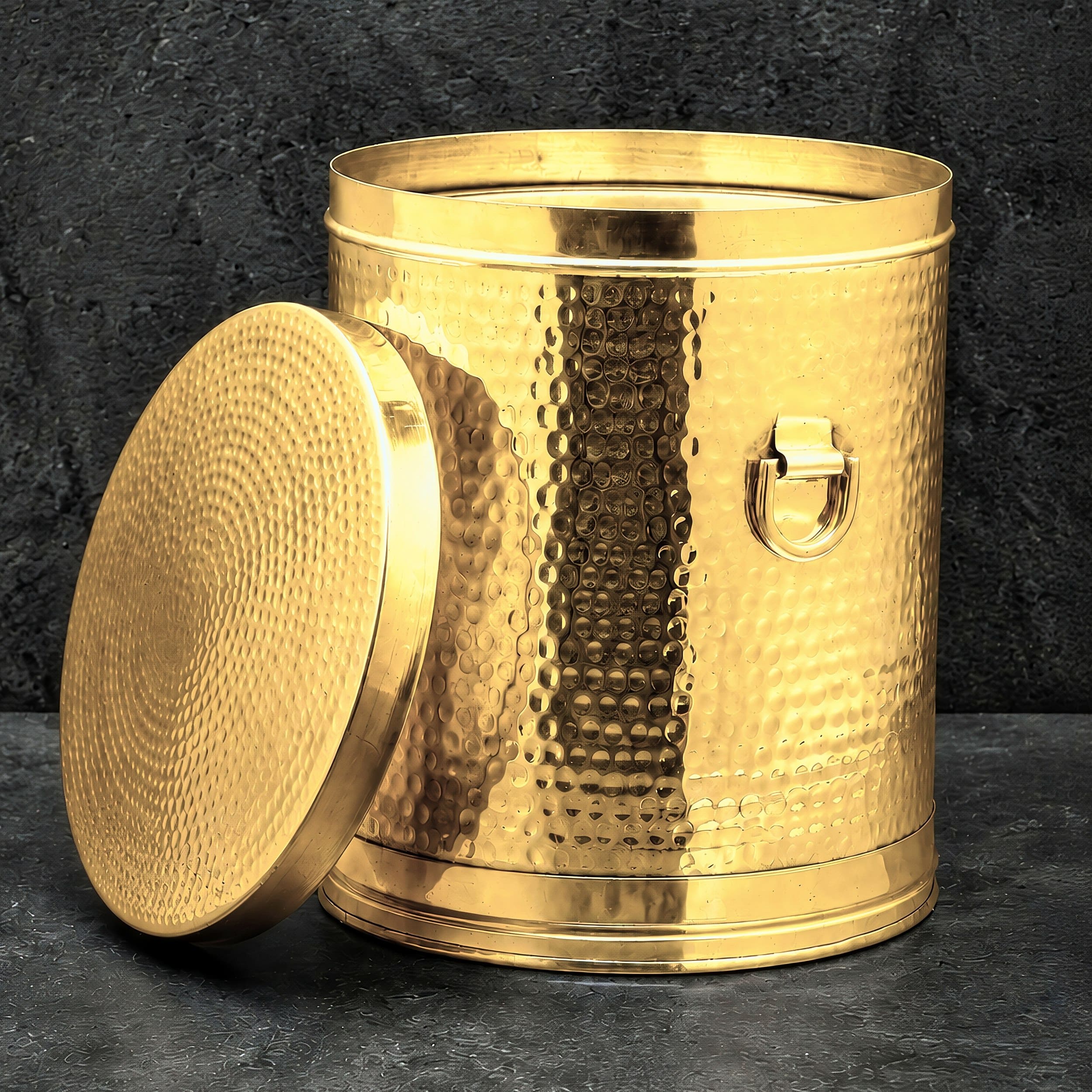 Pure Brass Atta Drum/Storage Container - with Lid - Brass Kunda (Handles) - Hammered Finish