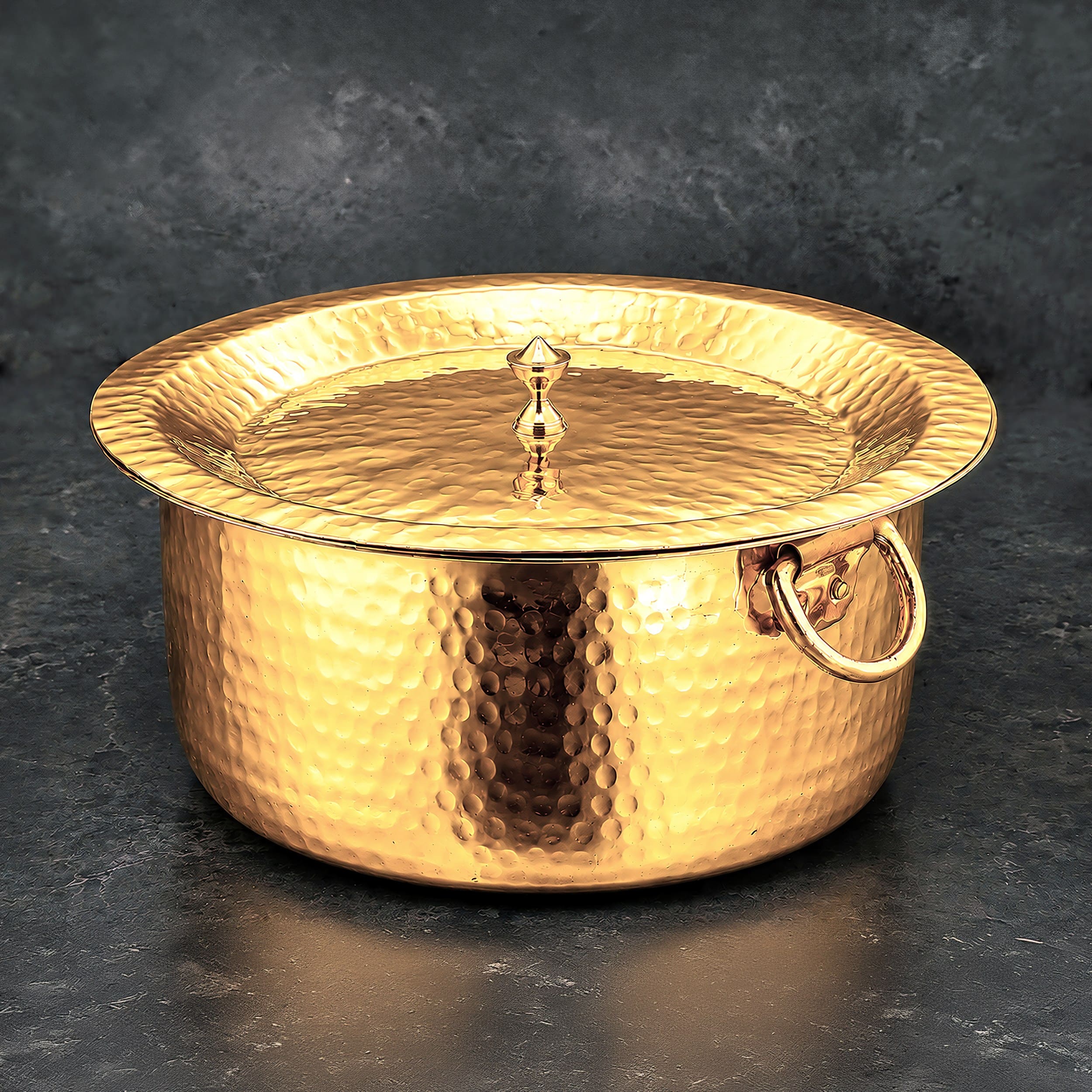 Pure Brass Patila / Milk Topia with Lid | Kalai (Tin) Coated | Hammered Finish | Kunda Handles